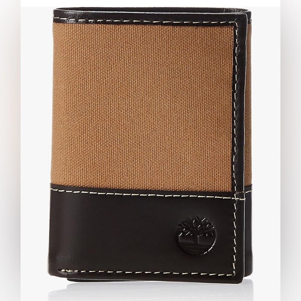 Timberland mens Canvas & Leather Trifold Wallet, Khaki, One Size US